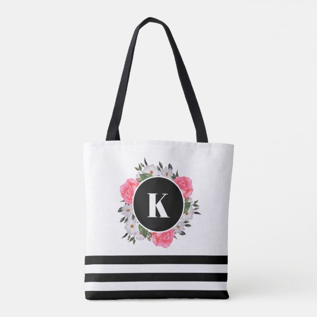 Watercolor Pink and White Roses Circle Wreath Tote Bag (Back)