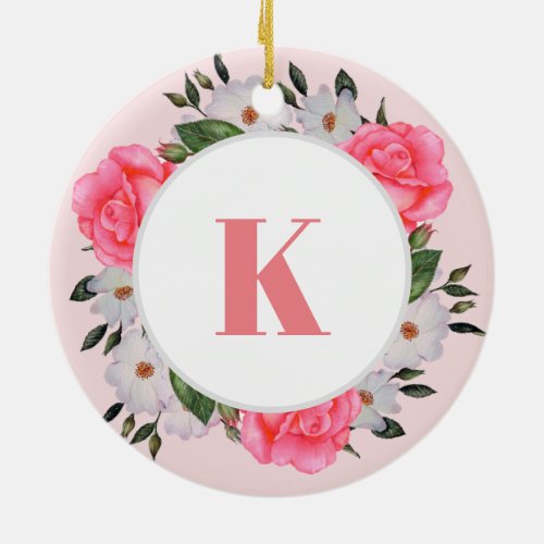 Watercolor Pink and White Roses Wreath Circle Ceramic Ornament