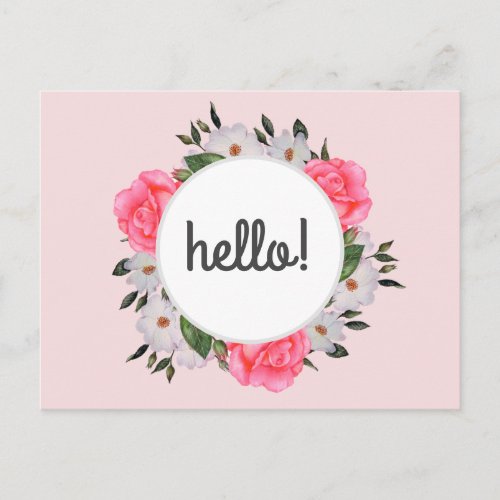 Watercolor Pink and White Roses Wreath Circle Postcard