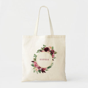Watercolor Pink and Wine Colored Flowers with Gold Tote Bag