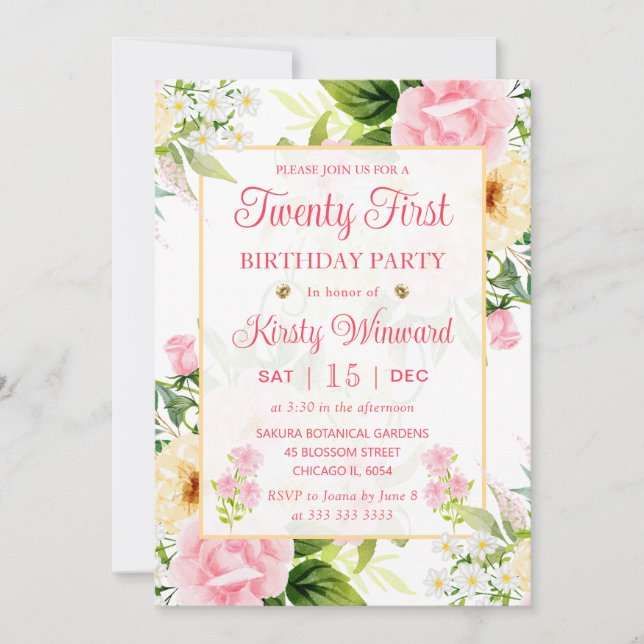 Watercolor Pink and Yellow Flowers 21st Birthday Invitation (Front)