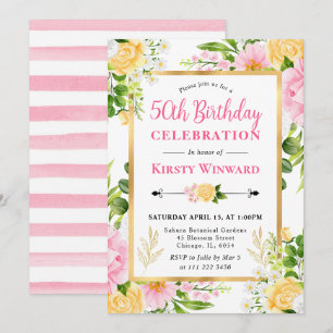Watercolor Pink and Yellow Flowers 50th Birthday Invitation