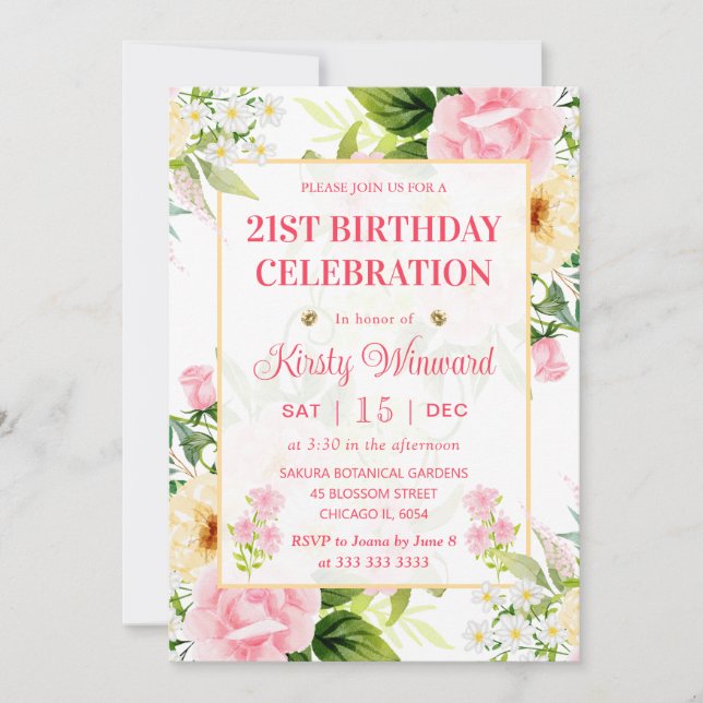 Watercolor Pink and Yellow Flowers Birthday Invitation (Front)