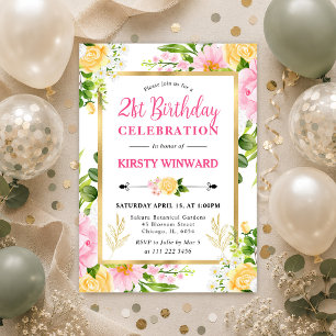 Watercolor Pink  and Yellow Flowers Birthday Invitation