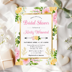 Watercolor Pink  and Yellow Flowers Bridal Shower Invitation