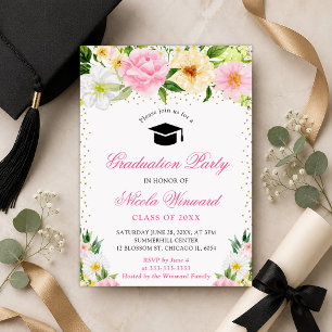 Watercolor Pink and Yellow Flowers Graduation Invitation