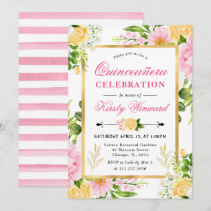 Watercolor Pink and Yellow Flowers Quinceanera Invitation