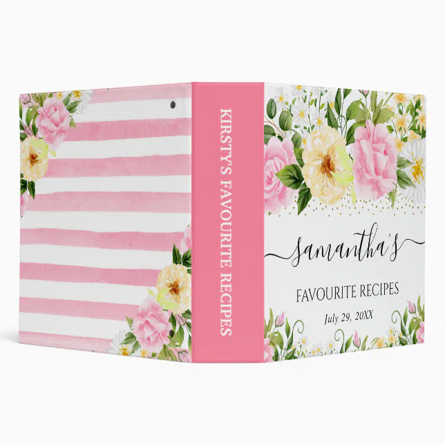 Watercolor Pink and Yellow Flowers recipe 3 Ring Binder | Zazzle