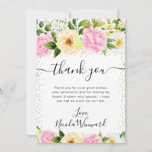 Watercolor Pink and Yellow Flowers Sweet 16 Thank You Card