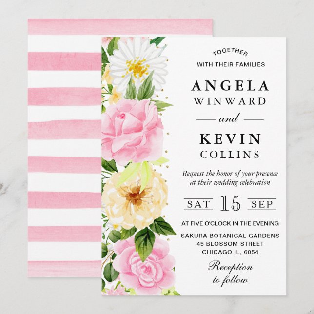 Watercolor Pink and Yellow Flowers Wedding Invitation (Front/Back)
