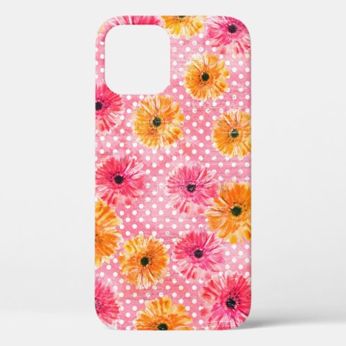 Watercolor pink and yellow gerbera flowers pattern iPhone 12 case