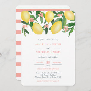 Watercolor Pink And Yellow Lemons Citrus Wedding Invitation