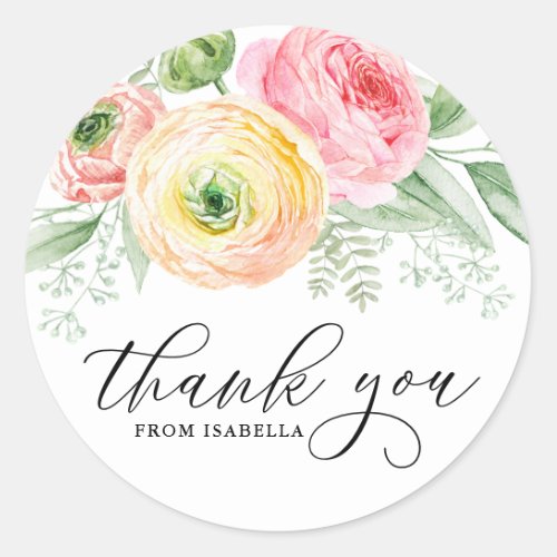 Watercolor Pink and Yellow Ranunculus Thank You Classic Round Sticker