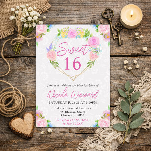 Watercolor Pink and Yellow Wreath Sweet 16 Invitation