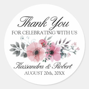 Watercolor Pink Anemone Flowers Thank You Wedding Classic Round Sticker