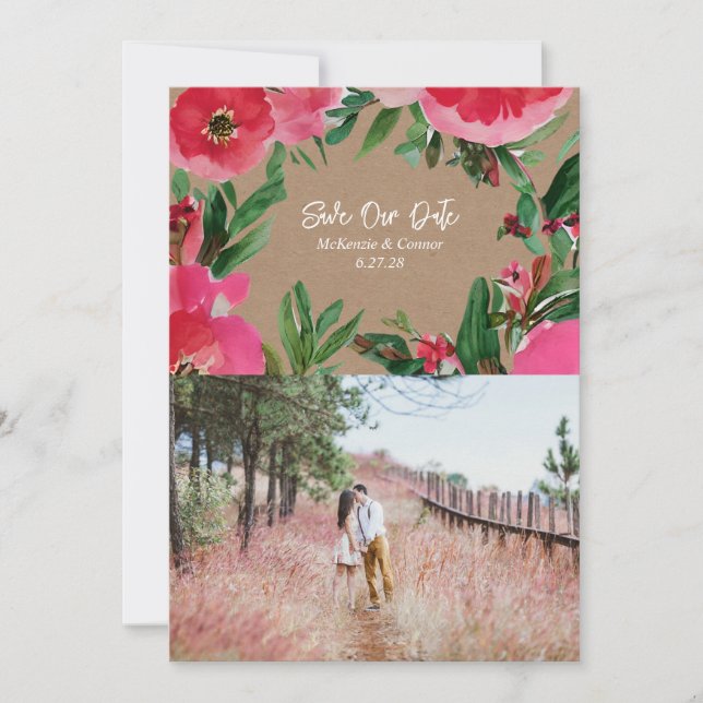 Watercolor Pink Anemone Wedding Cardstock Photo Save The Date (Front)