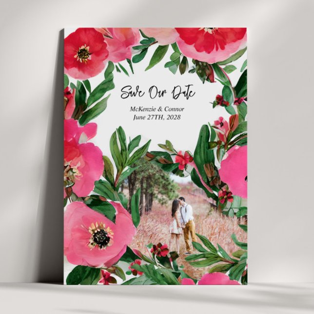 Watercolor Pink Anemone Wedding Photo Save The Date (Creator Uploaded)