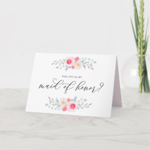 Watercolor Pink Anemones Be My Maid of Honor Card