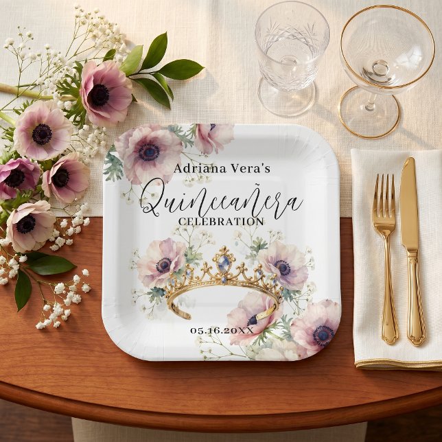 Watercolor Pink Anemones Gold Tiara Quinceañera Paper Plates (Creator Uploaded)