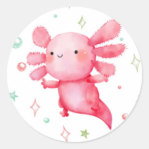 Watercolor Pink Axolotl Birthday Party Classic Round Sticker