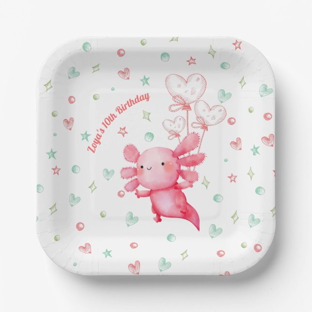 Watercolor Pink Axolotl Fun Kids Birthday Party Paper Plates (Front)