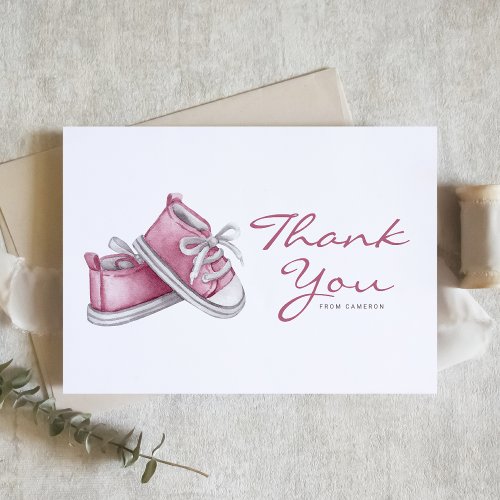 Watercolor Pink Baby Booties Baby Shower Thank You Card