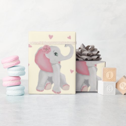 Watercolor Pink Baby Elephant Chalk Rose Hearts Wrapping Paper