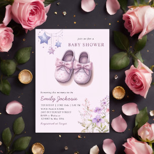 Watercolor Pink Baby Shoes floral Girl Baby Shower Invitation