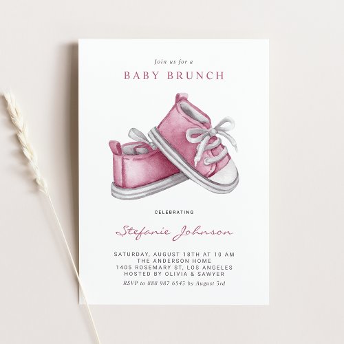 Watercolor Pink Baby Shoes Its a Girl Baby Brunch Invitation