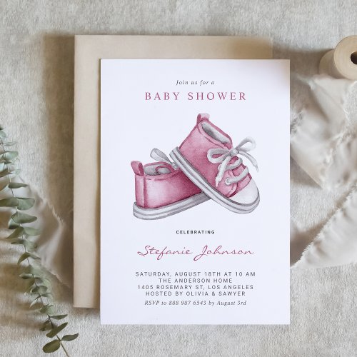 Watercolor Pink Baby Shoes Its a Girl Baby Shower Invitation