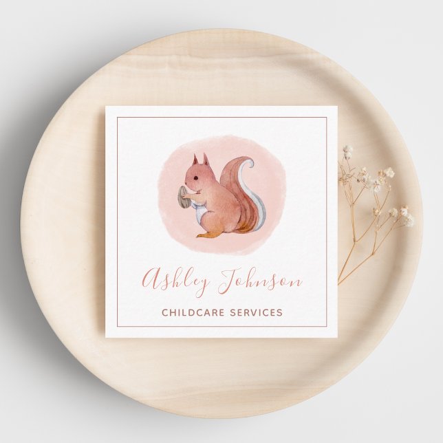 Watercolor Pink Baby Squirrel Childcare Services   Square Business Card (Creator Uploaded)