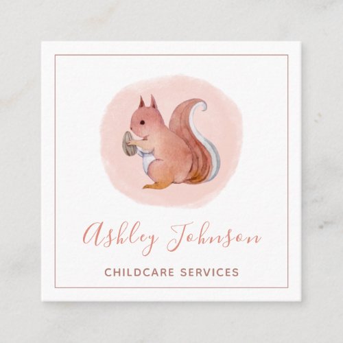 Watercolor Pink Baby Squirrel Childcare Services   Square Business Card