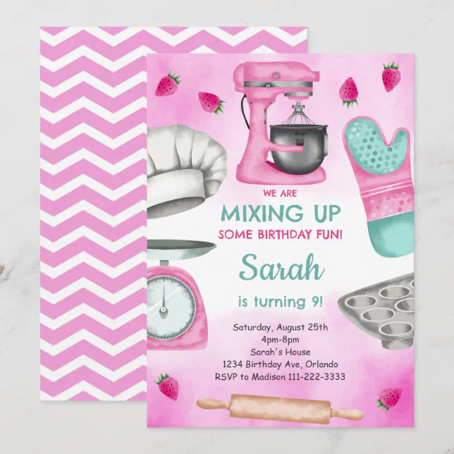 Watercolor Pink Baking Cooking Birthday Invitation | Zazzle