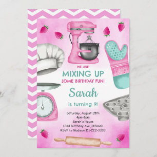 Watercolor Pink Baking Cooking Birthday Invitation