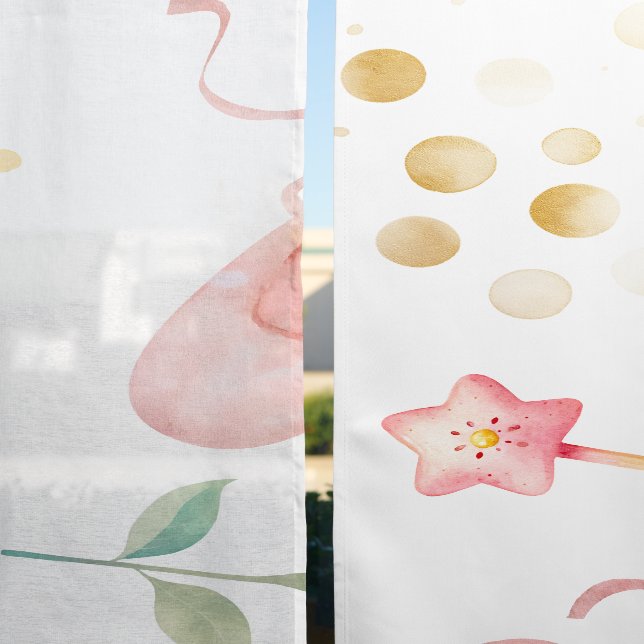 Watercolor Pink Ballerina Crown Wand Kids Sheer Curtains (Sheer vs. Blackout)