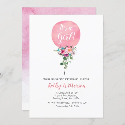 Watercolor Pink Ballon Its a girl baby shower Invitation