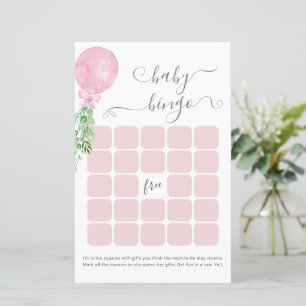 Watercolor Pink Balloon Baby Shower Bingo Game