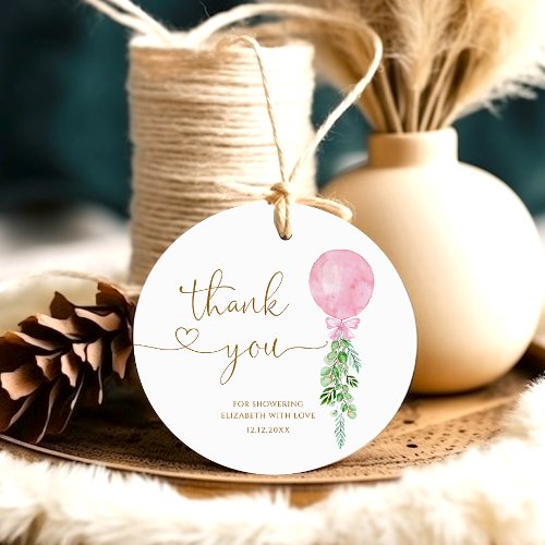 Watercolor Pink Balloon Baby Shower Thank You Favor Tags