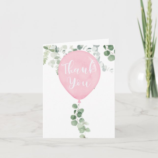 Watercolor pink balloon eucalyptus greenery thank you card (Front)