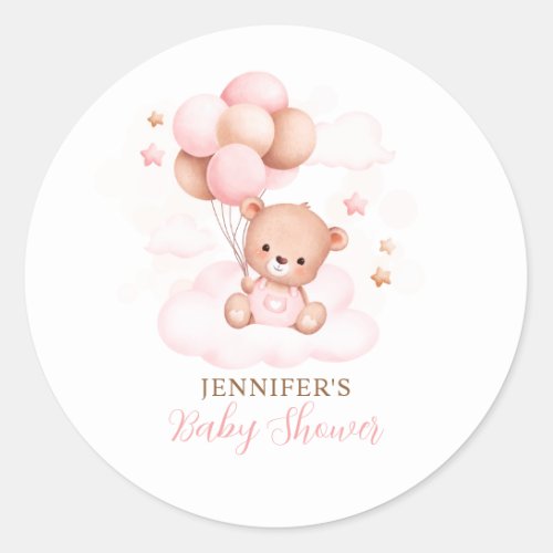 Watercolor Pink Balloon Teddy Bear Baby Shower Classic Round Sticker