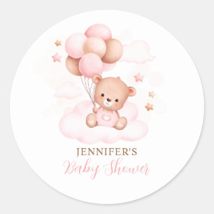 Watercolor Pink Balloon Teddy Bear Baby Shower Classic Round Sticker