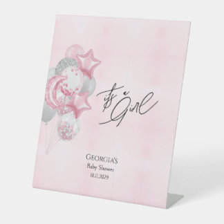 Watercolor Pink Balloons It’s A Girl Baby Shower Pedestal Sign
