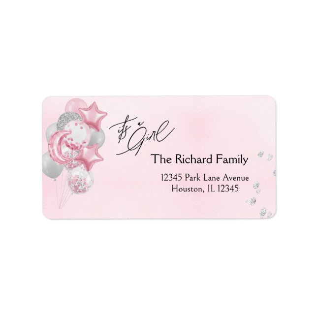 Watercolor Pink Balloons Its A Girl Baby Shower Label (Front)