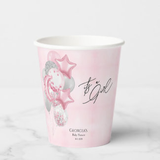 Watercolor Pink Balloons Its A Girl Baby Shower Paper Cups