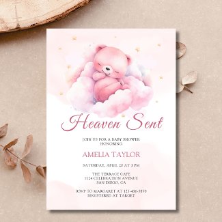 Watercolor Pink Bear Heaven Sent Girl Baby Shower