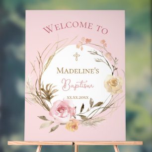 watercolor pink beige flowers Baptism Acrylic Sign