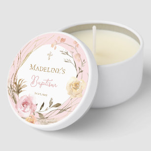 watercolor pink beige flowers Baptism Mini Candle Favors