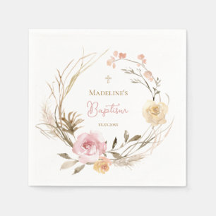 watercolor pink beige flowers Baptism Napkins