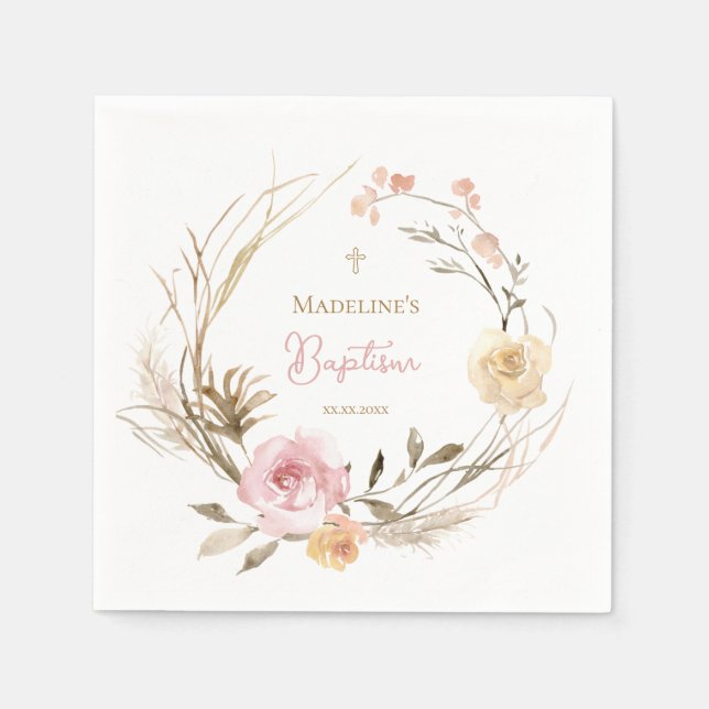  watercolor pink beige flowers Baptism Napkins (Front)
