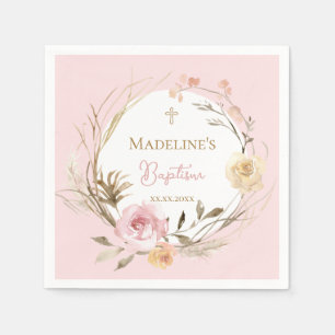  watercolor pink beige flowers Baptism Napkins